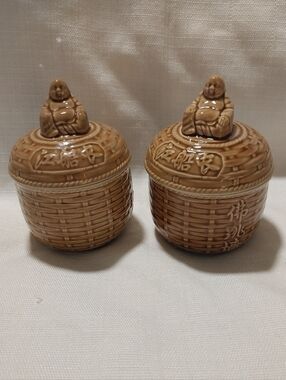 Vintage Tan Porcelain Sitting Buddha On Woven Basket Soup Bowl Trinket Jar (2)